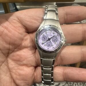 Working FRED BELAY Purple Dial Quartz Watch Japan Steel Band New Battery 28mm 7"